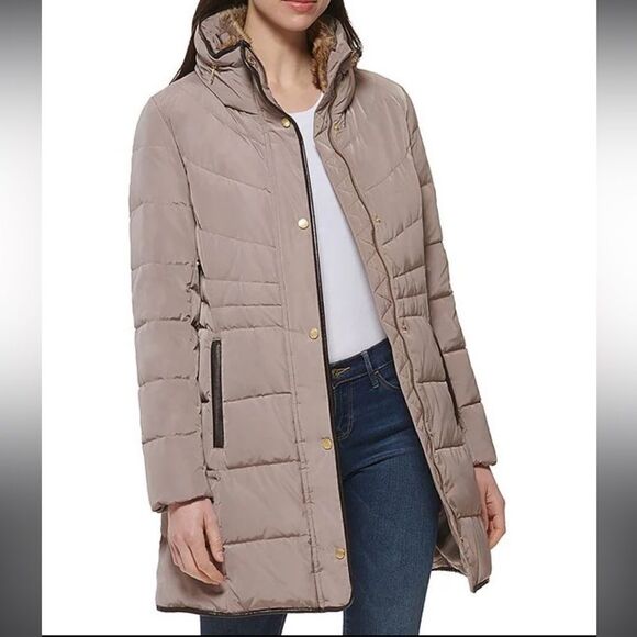 Cole Haan Signature Zip Front Faux Fur Lined Down Puffer Coat Beige Small, NWT - Picture 1 of 8